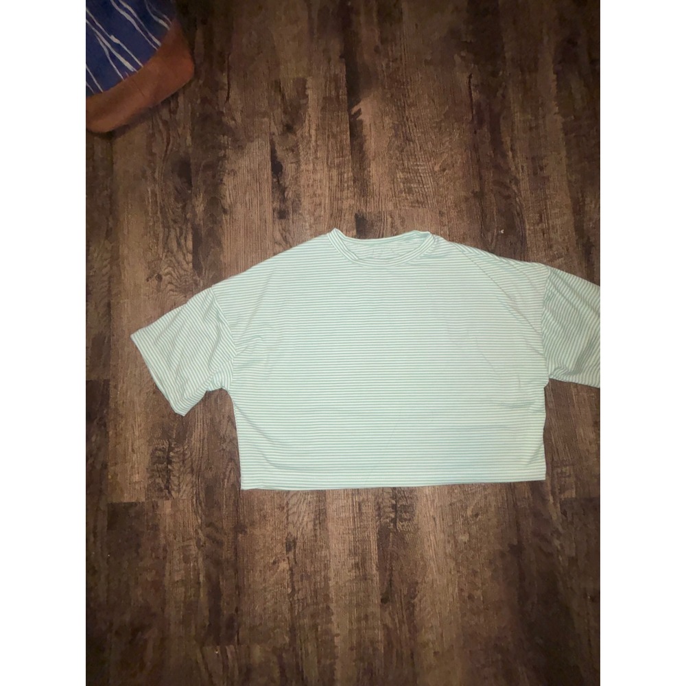 Womens Mint Green White Striped Short Sleeve Boxy Crew Neck T-Shirt Relaxed Fit